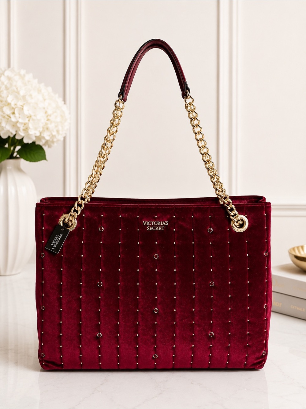 Victoria’s Secret Burgundy Velvet Tote Bag Gold Chain Shoulder Purse